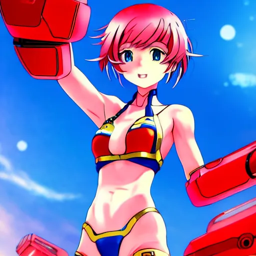 Image similar to digital anime art, very small cute girl standing on a large table, red mech arms and red mech legs,