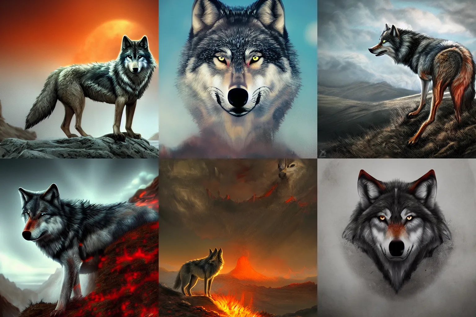 Prompt: Wolf on a hellish landscape, beautiful, hot, trending on artstation