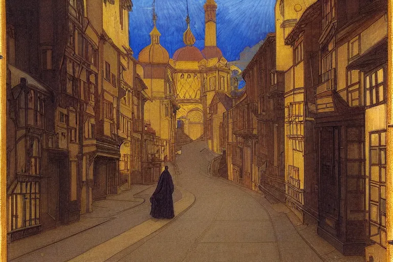 Image similar to winding street at midnight in a very old very beautiful city by ford madox brown and Nicholas Roerich and jean delville, glowing paper lanterns, strong dramatic cinematic lighting , ornate tiled architecture, lost civilizations, smooth, sharp focus, extremely detailed