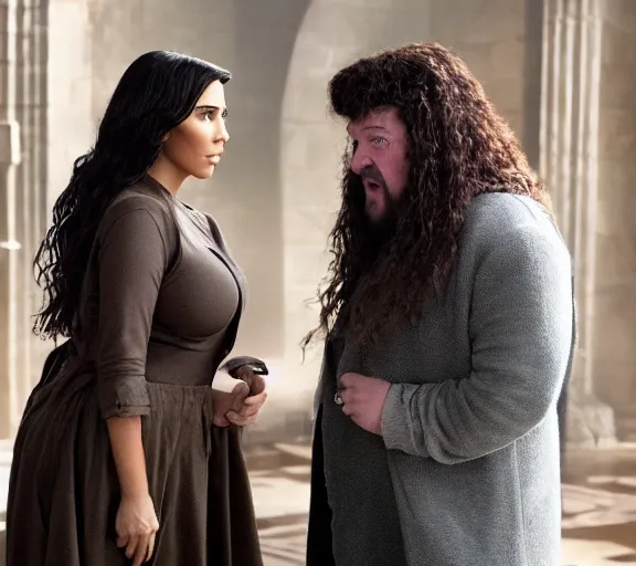 Image similar to a movie still of kim kardashian speaking to hagrid in the movie harry potter