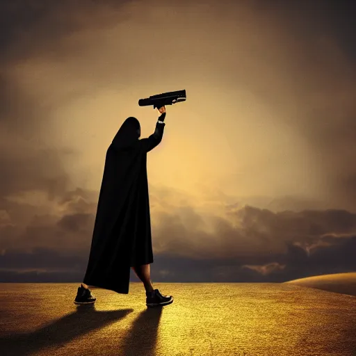 Prompt: an empty cloak with one hand holding a handgun coming out of it, photorealistic, golden hour