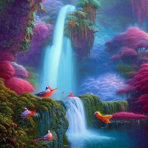 Prompt: waterfall bird rave nature photography rich 8 k detailed matte painting by lisa frank, evgeny lushpin, paul lehr, beksinski, victo ngai, thomas kinkade, benoit mandelbrot, tomasz alen kopera