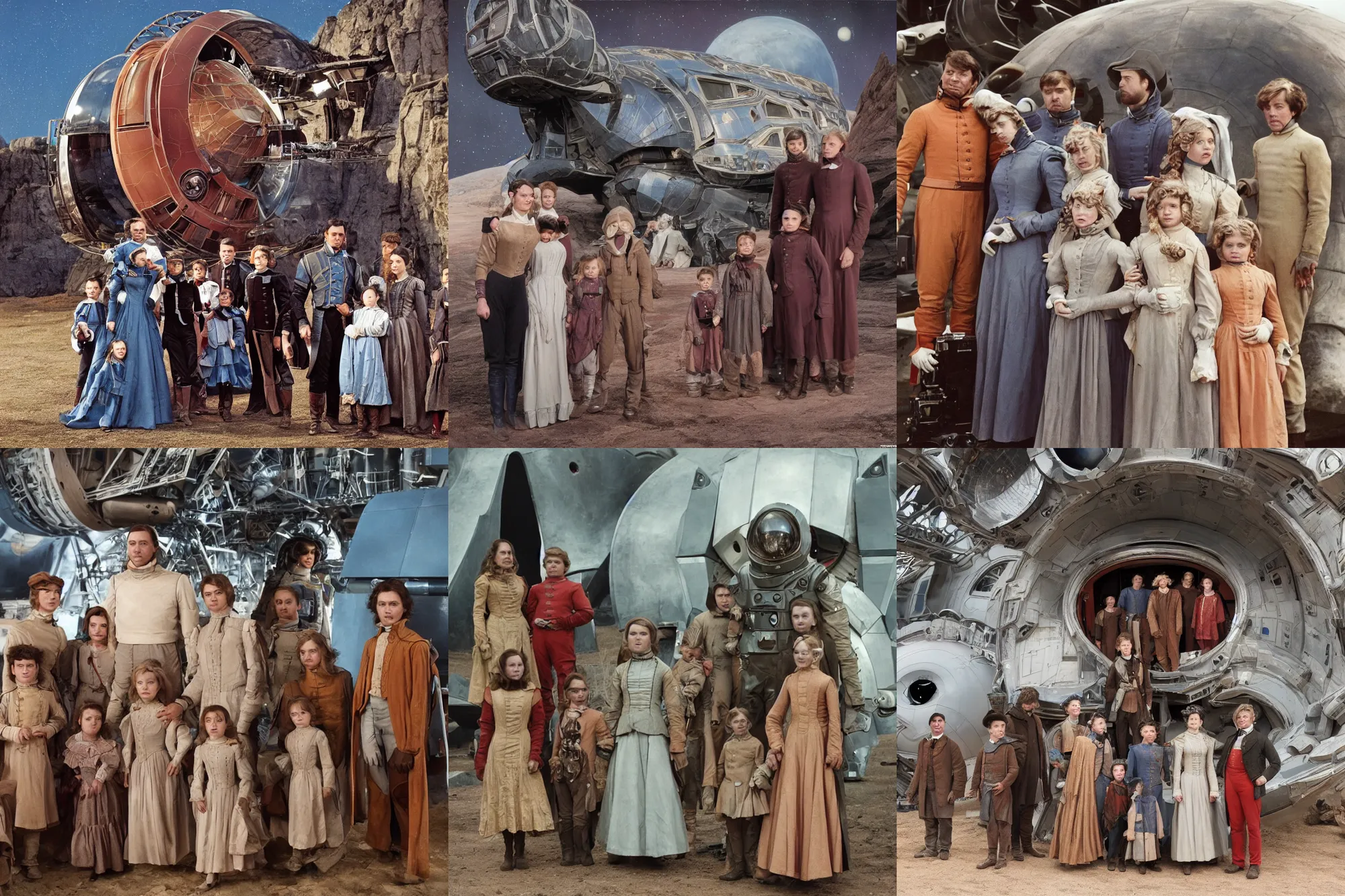 Prompt: highly detailed, 513435456k film, 806400mm film still from a sci fi blockbuster color movie made in 2019, set in 1860, of a family standing in front of a spaceship that has just landed on an alien planet, the family are all wearing 1860s era clothes, good lighting, good photography, ultra high definition