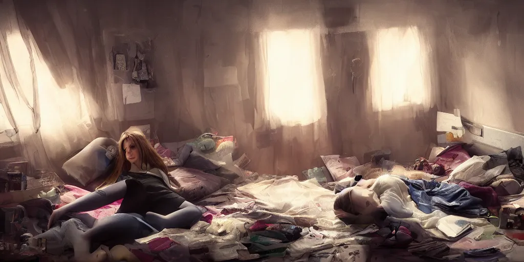 Image similar to an environmental concept art of an angsty female teen, laying on the bed in her cluttered bedroom, highly detailed, cinematic, dramatic lighting, close shot by francis tneh