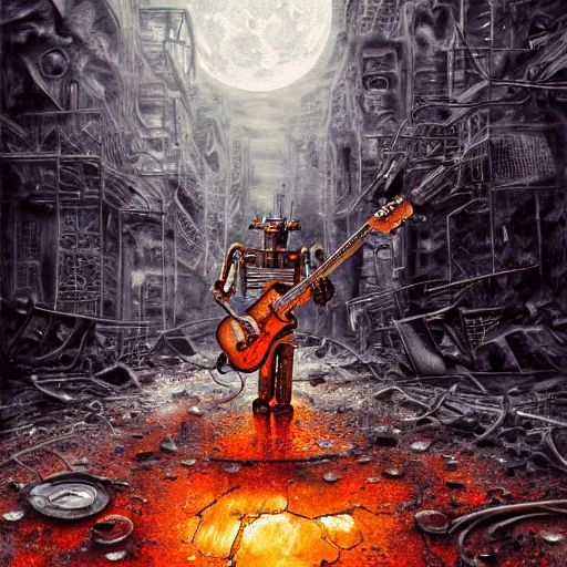 Image similar to robot with a guitar standing in ruined burning street by Yoshitaka Amano, by HR Giger, biomechanical, 4k, hyper detailed, hyperrealism, anime, a Blood Moon rising on a Broken World, deviantart, artstation