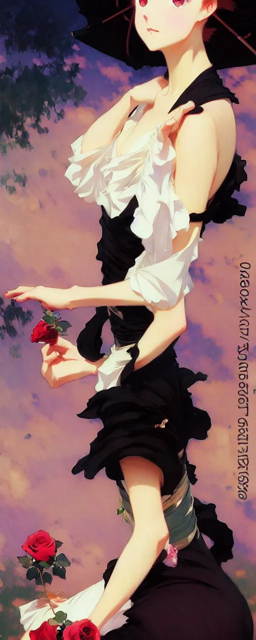 Image similar to beautiful rose anime girl in elegent black dress, krenz cushart, mucha, ghibli, by joaquin sorolla rhads leyendecker, by ohara koson