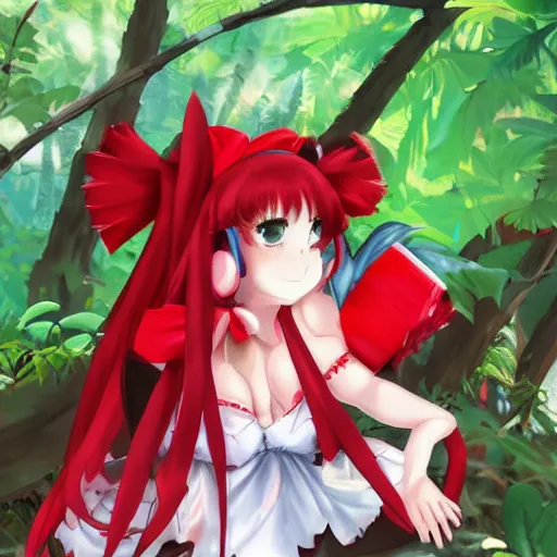 Image similar to reimu in the jungle wearing bonnet