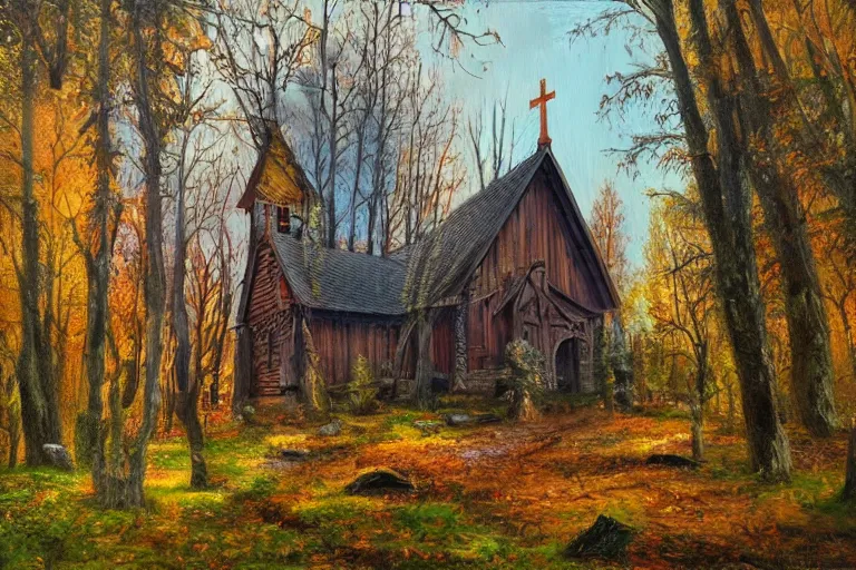 Prompt: wooden church in the forest, very detailed, focused, oil painting, colorful, canvas, artstation, Vsevolod Ivanov