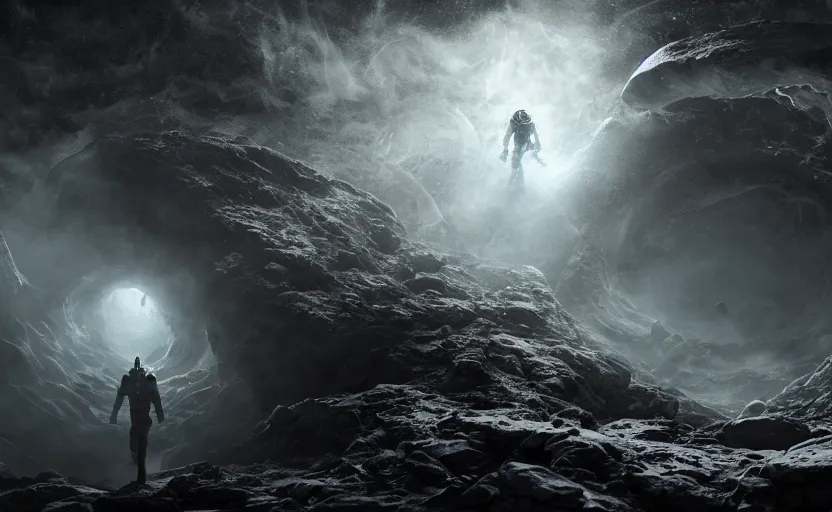 Prompt: a nordic extraterrestrial at the end of the worm hole in space, epic scene, extremely detailed masterpiece, extremely moody lighting, glowing light and shadow, atmospheric, shadowy, cinematic, god lighting