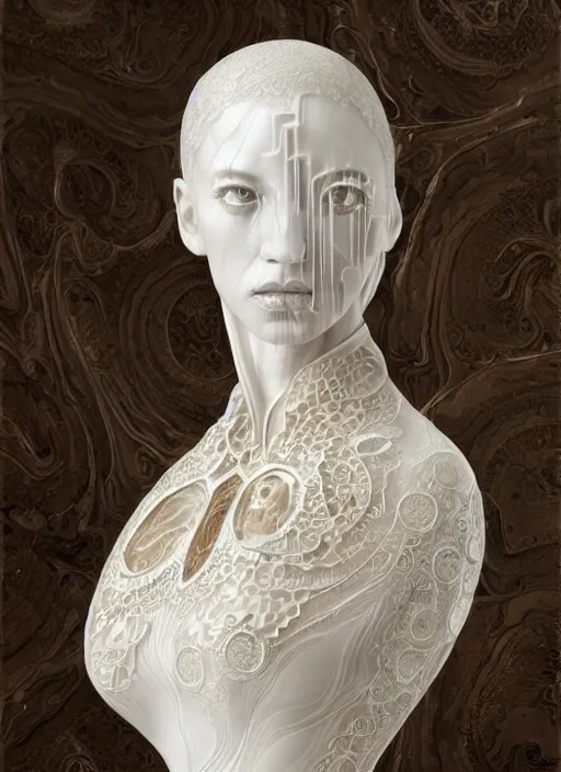 Image similar to opalescent marble sculpture of beautiful woman, glistening, mandelbulb, hypercube, ivory carving, fractal paisley inlay, lace, intricate, elegant, highly detailed, ivory, artgerm, lace, by ruan jia and greg rutkowski