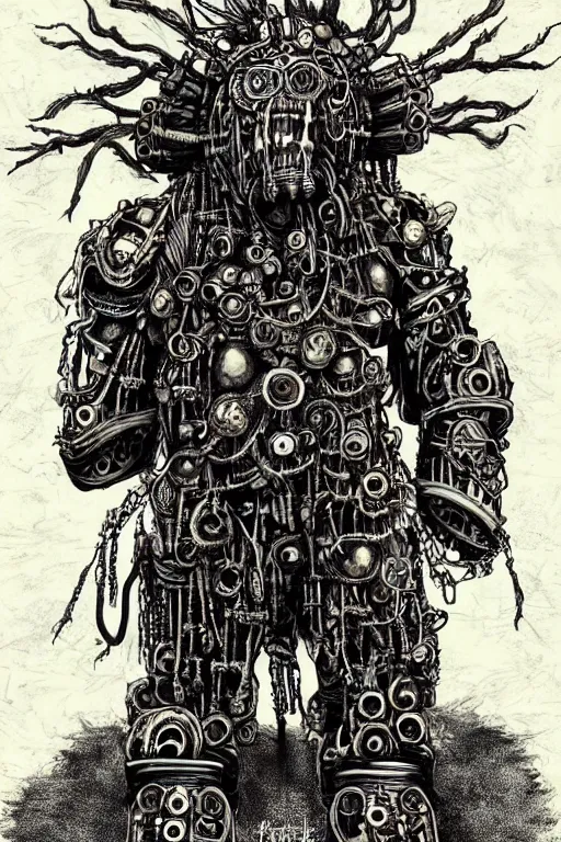 Image similar to wild monstorous anthropomorphic biomechanical bear shaman-warrior wearing chains made of tiny human skulls and other voodoo artifacts. Wearing dreadlocks made of cables and wires. Upgraded with hightech cyberwares. huge, big, giant bear human hybrid, mecha animal, tall, detailed woodcut armor, terrifying and dangerous, scary, beautiful, steampunk monster android hybrid art portrait, matte scifi fantasy painting, half robot half bear. DeviantArt Artstation, by Jason Felix by Steve Argyle by Tyler Jacobson by Peter Mohrbacher, cinematic lighting