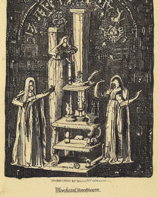 Image similar to a page from the necronomicon depicting instructions on how to perform a ritual, 1 9 th century engraving, 8 k, detailed, occult, etching