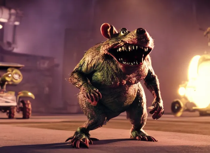 Image similar to film still of rat fink in the new scifi movie, 4 k