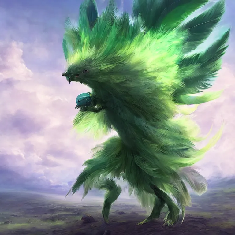 Image similar to a cute beautiful earth type pokemon, green feathers bursting out of his hair, full body shot, highly detailed digital art, 3 d perspective, award - winning illustration, aesthetic, smooth, pokemon style, made by greg rutkowski, with an alien landscape in the background