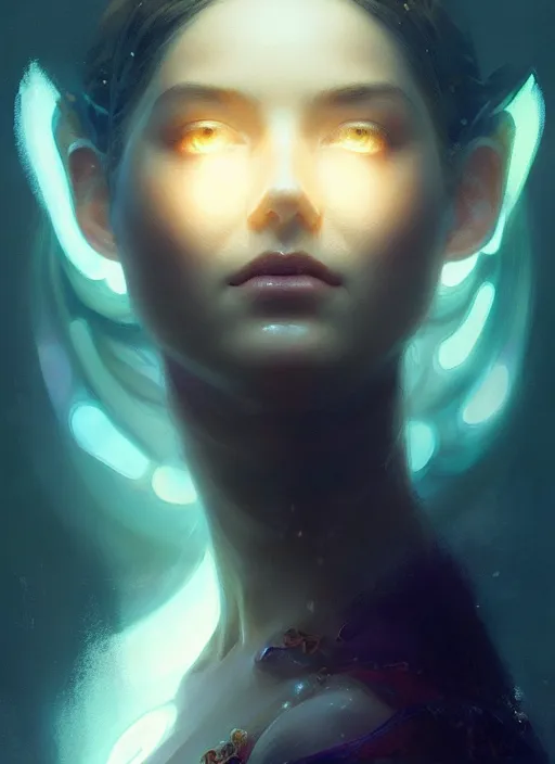 Image similar to symmetry!! portrait of a beautiful princess, sci - fi, glowing lights!! intricate, elegant, highly detailed, digital painting, artstation, concept art, smooth, sharp focus, illustration, ethereal, ominous, misty, by ruan jia and jeremy mann and alphonse mucha, 8 k