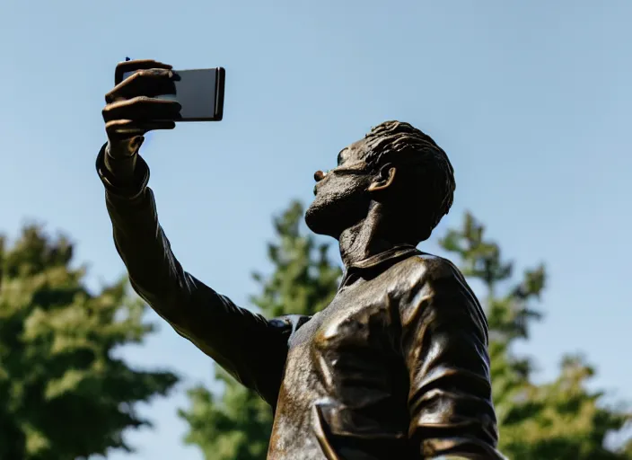 Prompt: photo still of a bronze statue of a person using an iphone to take a selfie, park on a bright sunny day, 8 k 8 5 mm f 1 6 1 0 0 2