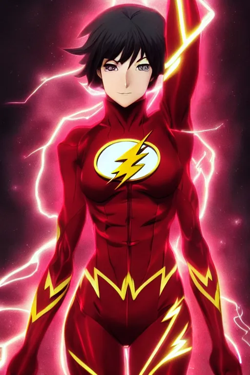 Image similar to anime key visual of a beautiful female the flash!! intricate, red, black, gold suit, powers, speed, lightning hate, dc comics, cinematic, stunning, highly detailed, digital painting, artstation, smooth, hard focus, illustration, art by artgerm and greg rutkowski and alphonse mucha