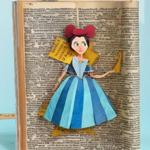 Prompt: recycled book art of disney's alice in wonderland