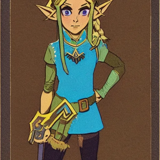 Image similar to Zelda from Legend of Zelda: Breath of the Wild, 1970's grainy vintage illustration