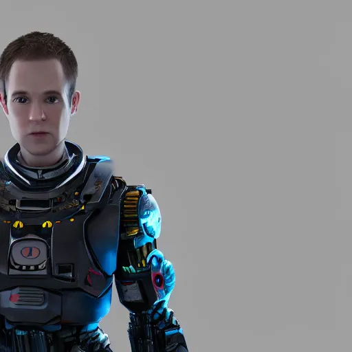 Image similar to linus tech tips super rtx god mech final form ridgewallet cylon eye epic dynamic pose 4 k deviantart artstation 3 d octane render blender with sebastian linus's face