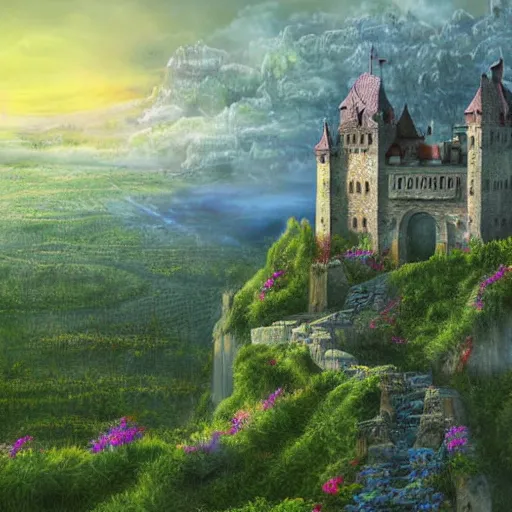Image similar to a castle on a tall mountain above the clouds that have a lot of plants and vines on it which makes it look old, digital art, fantasy, beautiful, day, detailed