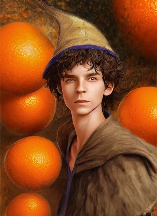 Image similar to Fifteen year old teenage hobbit wizard, short brown hair, pimples, mage hat, Orange Magic energy swirling body, Ivan Aivakovsky, Boris Vallejo, epic fantasy character art, D&D Concept Art, full length, Realistic, Regal, Refined, Detailed Digital Art, Oil Paining, Exquisite detail, post-processing, masterpiece, Cinematic Lighting, Unreal Engine, 8k, HD