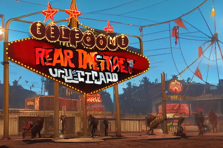 Image similar to 3d sculpt of an arched sign for a circus called 'the dark metal carnival', red dead redemption2, las vegas, artstaton, digital illustration