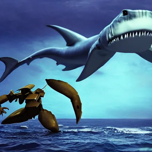 Image similar to low budget 3 d animation, a giant athletic sleek rounded humanoid mech fighting a giant shark kaiju monster in the ocean