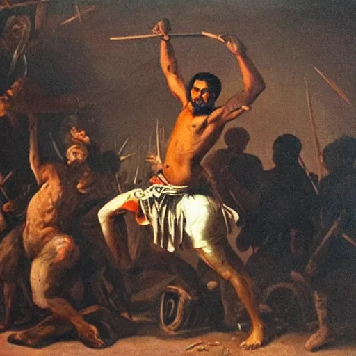 Prompt: Tula, the man leading an indentured slave revolution, Tula the king of indentured slaves freeing everybody, realistic painting, dark background, painting from 1746, high quality.