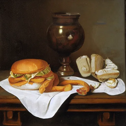 Prompt: McDonalds wrapper on table, Dutch Still Life of the 1600s, oil painting