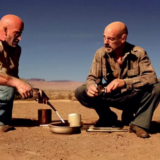 Image similar to walt and jessie cooking meth in the desert,