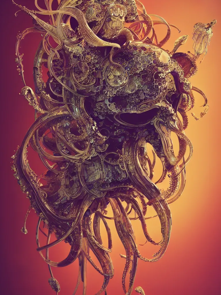 Image similar to close-up portrait ram skull abstract 3d composition. jellyfish phoenix head, nautilus, orchid, moebius, mucha, New art nouveau, skull, gold betta fish, bioluminiscent creatures, intricate artwork by Tooth Wu and wlop and beeple. octane render, trending on artstation, greg rutkowski very coherent symmetrical artwork. cinematic, hyper realism, high detail, octane render, 8k