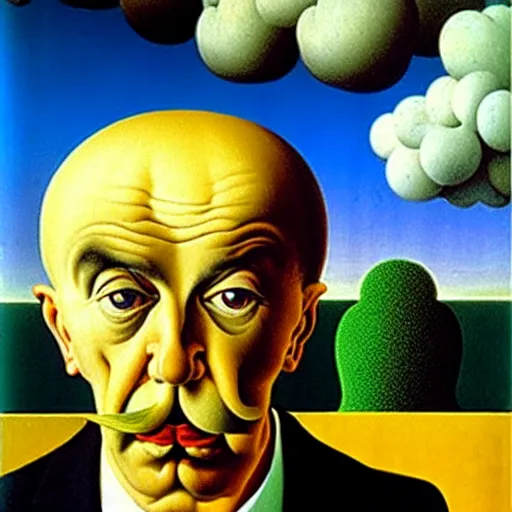 Image similar to a man thinks about what to buy at the grocery store, by rene magritte and salvador dali, oil on canvas