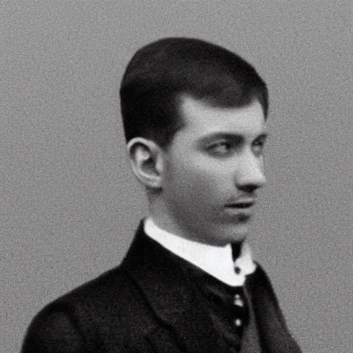 Prompt: A photo of a scottish 20 year old portrait photo infront of leaves filling the screen. Blue jacket wearing man with short hair and short facial hair. Looking directly towards camera this man with a triangular thin shape and thin nose is off center to the left of the frame.