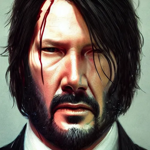 Image similar to a mind - blowing portrait of a john wick wearing a human skull, deep focus, d & d, fantasy, intricate, elegant, highly detailed, digital painting, artstation, concept art, matte, sharp, illustration, hearthstone, art by artgerm and greg rutkowski and alphonse mucha