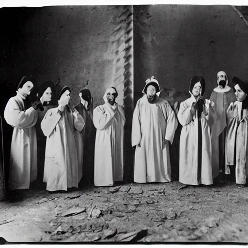 Image similar to worshippers dressed in robes belonging to the cult of the windmill. Dilapidated 1800s windmill. 1800s photo.