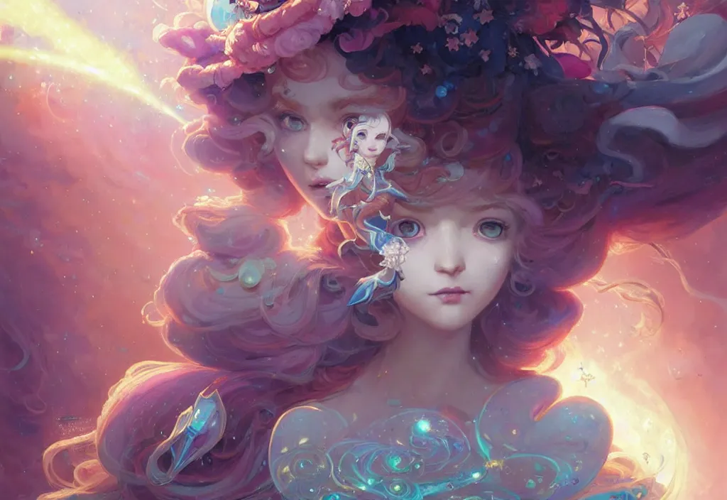 Image similar to close up picture of an maximalist dress magical girl, neat hair with bangs, smug face, fist to camera, extremely beautiful and aesthetic and detailed cute face and eyes, wipe out evils with cute astronaut familiar sprites, aming the magical beams, chiaroscuro, intricate, masterpiece, fantasy illustrations by peter mohrbacher and anato finnstark and jeremy lipking