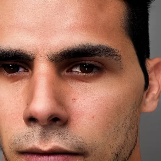 Image similar to close up of face of good looking 3 0 year old peruvian man with clean shaven face, no beard, thin face, skinny, very short straight black hair in a quiff style, color portrait, 4 k