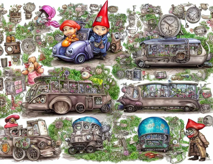 Image similar to cute and funny, a garden gnome driving a steampunk bus, ratfink style by ed roth, centered award winning watercolor pen illustration, isometric illustration by chihiro iwasaki, edited by range murata, tiny details by artgerm and watercolor girl, sharply focused