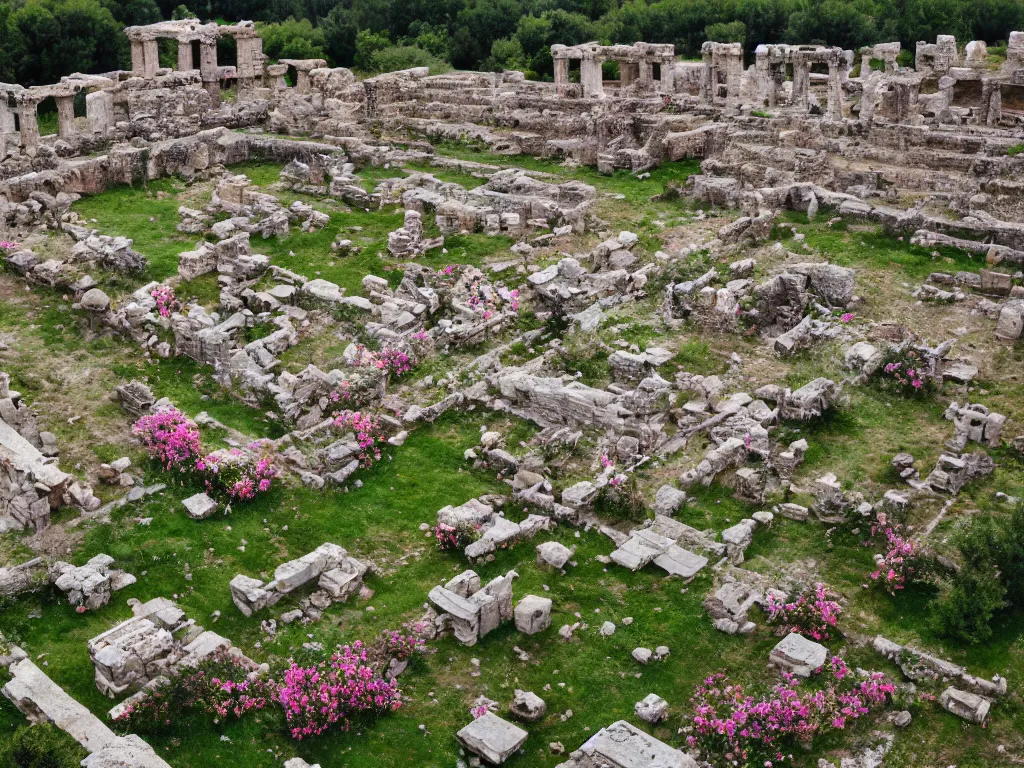 Prompt: giant greek ruins, debris covered with flowers