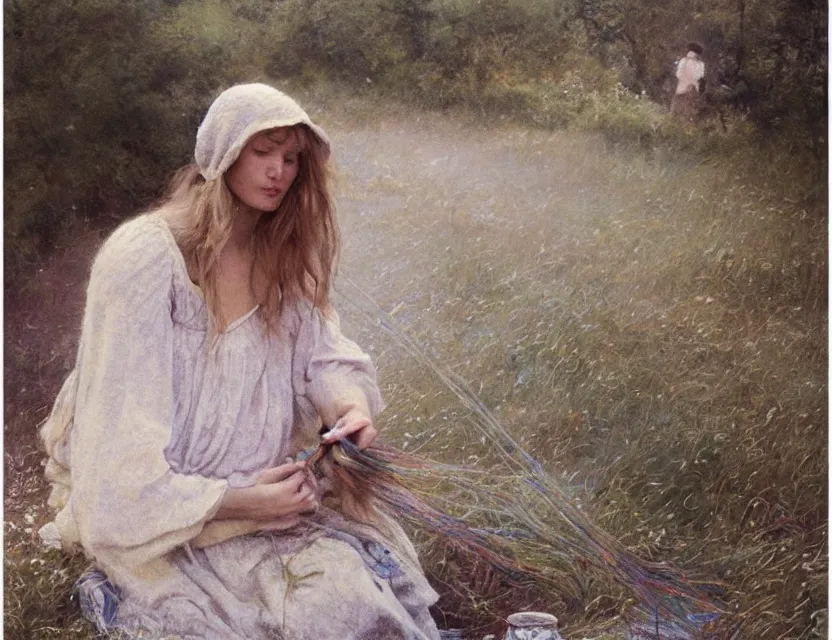 Image similar to peasant girl with long hair yarn knitting, cottage core, cinematic focus, polaroid photo bleached vintage pastel colors high - key lighting, soft lights, foggy, by steve hanks, by lisa yuskavage, by serov valentin, by tarkovsky, 8 k render, detailed, oil on canvas