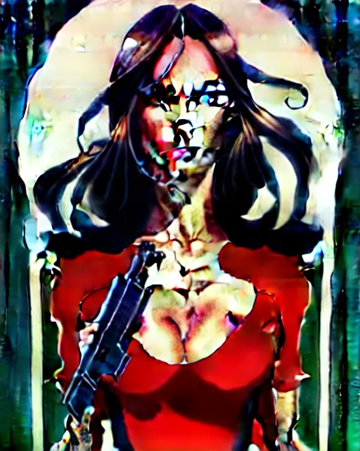 Image similar to artgerm, joshua middleton comic cover art, full body pretty megan fox holding a shotgun, red dress, symmetrical eyes, symmetrical face, long curly black hair, dark city background, cinematic lighting