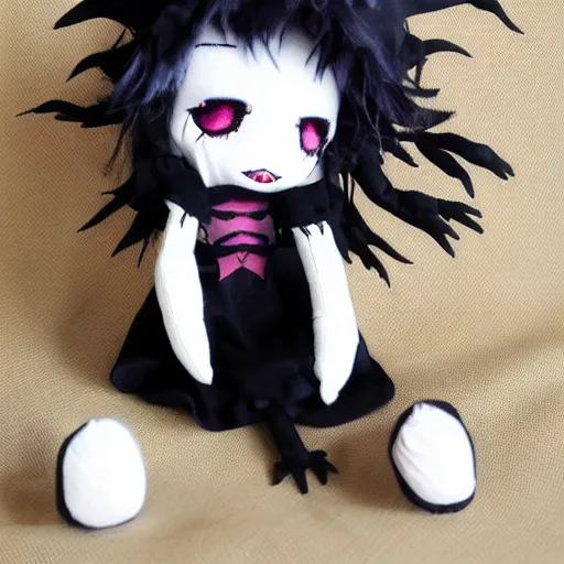 Image similar to cute fumo plush of the nightmare princess, gothic regal and tattered black, broken hearts, tragic wraith, vray, web of tendrils, arachnid