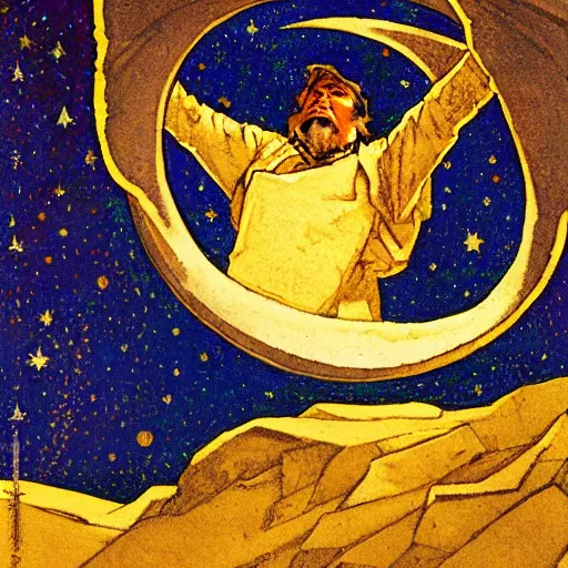 Image similar to illustration of the man in the moon, by nicholas roerich and donato giancola and dulac, sharp focus, very detailed, starry sky, geometric ornament, dramatic lighting