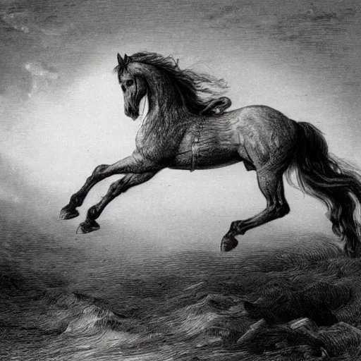 Prompt: a galloping horse, by gustave-dore