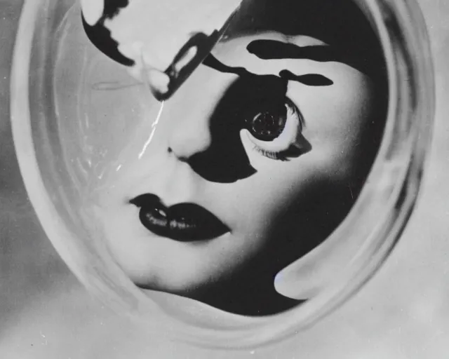 Image similar to a vintage black and white photo of a woman in a fish bowl, a surrealist sculpture by Claude Cahun, conceptual art, movie still, art nouveau, hall of mirrors, surrealist, 1920