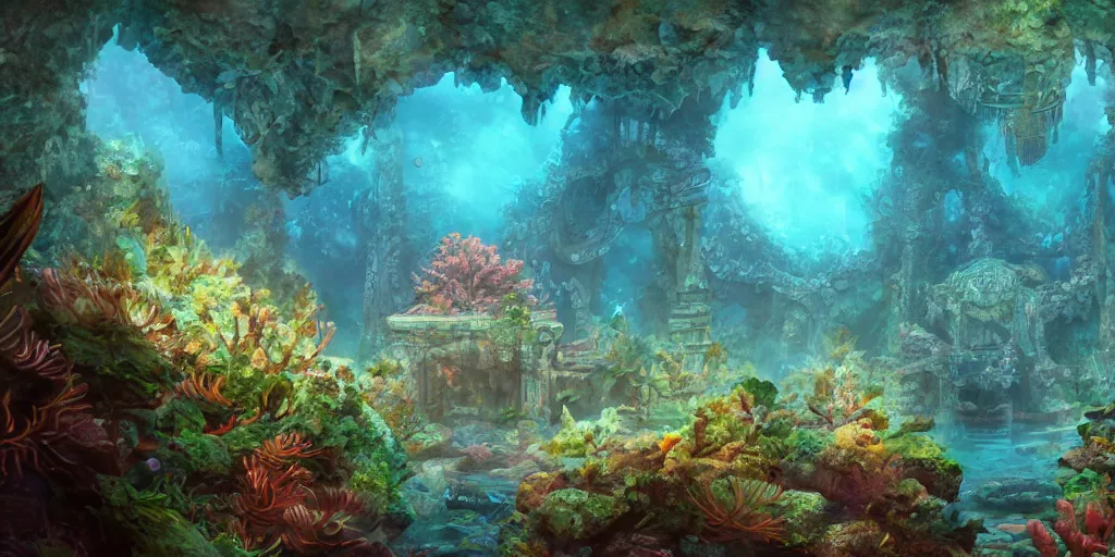 Prompt: an ancient sunken temple structure, overgrown, mystical underwater shot, colorful coral reef, filtered diffraction lighting, fantasy digital art, trending on artstation