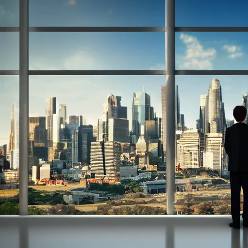 Image similar to a cat in business attire looking out at a city skyline, pondering life, movie still, uhd, 8k,