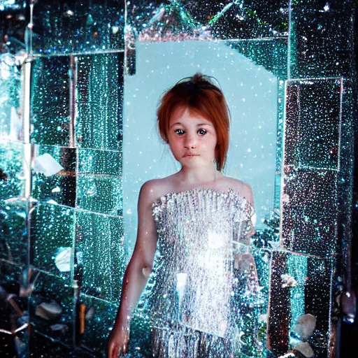 Prompt: a girl made of crystal in a mirror world,