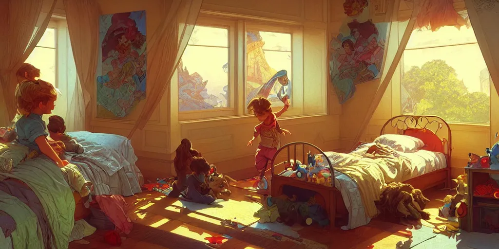 Image similar to kids bedroom 1 9 9 0 s, highly detailed, digital painting, artstation, concept art, matte, sharp focus, illustration, art by artgerm and greg rutkowski and alphonse mucha